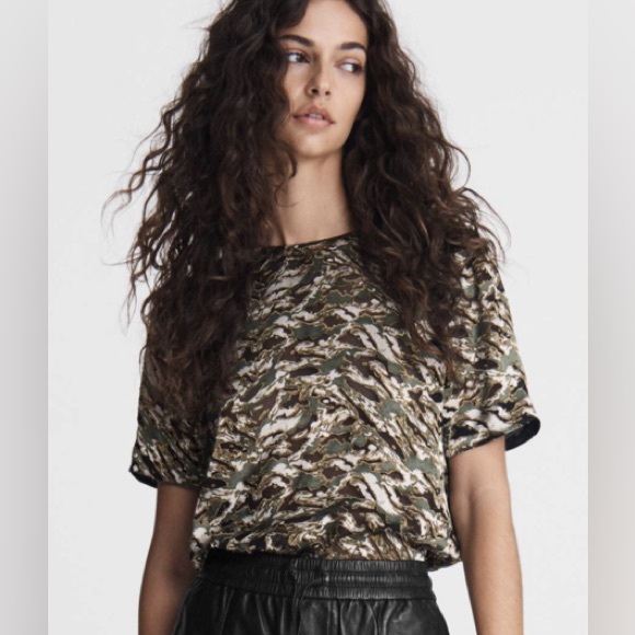 Rag & Bone Gia Camouflage-print Devoré-satin Silk Top In Green Multi size XS - Picture 1 of 9